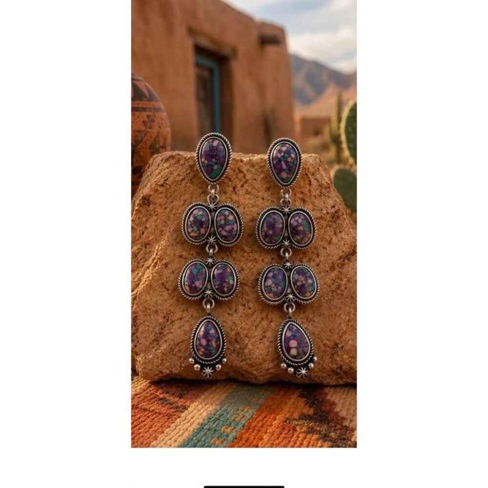 Southwestern Faux Turquoise Navajo Inspired Silver Toned Dangle Earrings